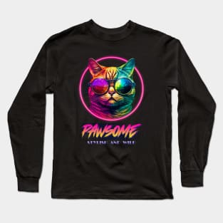 Retro Awesome-Pawsome stylish and wild cat Aesthetic design Long Sleeve T-Shirt